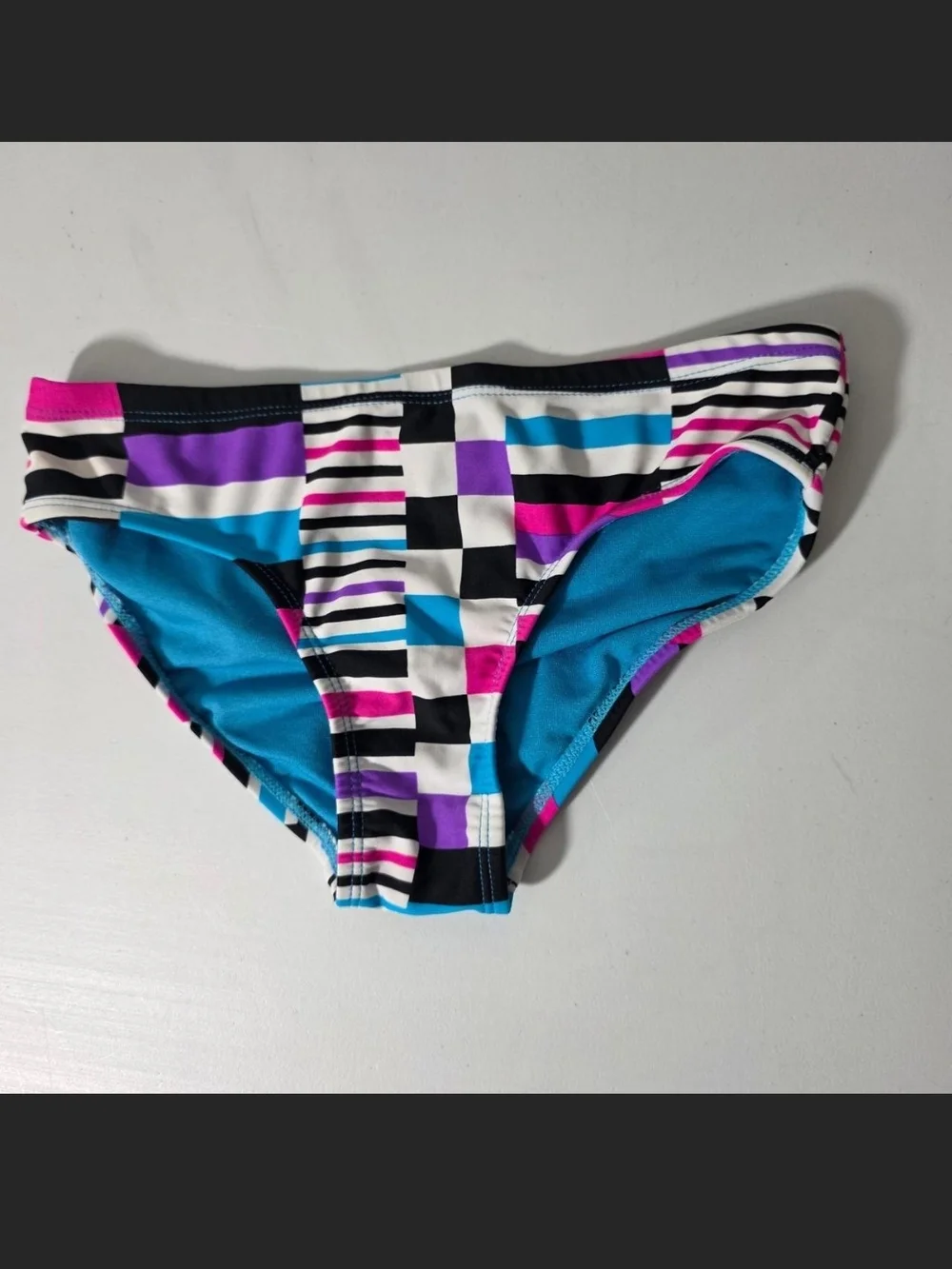 Girls’s Geometric Stripe Bikini Bottom - Teal, Purple & Pink